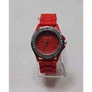 Geneva Wrist Watch Red Silicone Buckle Band Rhinestone Jeweled New Battery